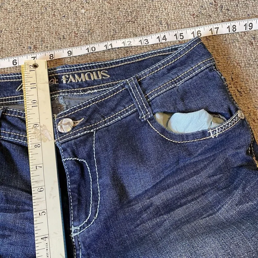 Almost Famous Jeans Women Sz 11 Stretch Distressed Blue Low Rise Cuffed Hem